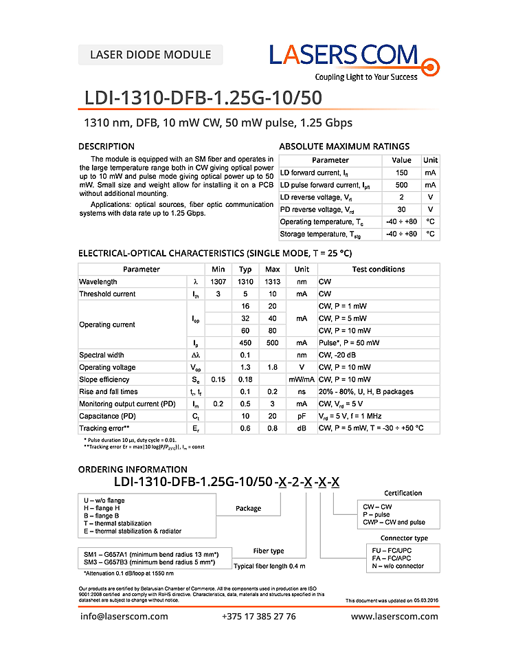 1310nm Laser Diode, DFB, 10mW