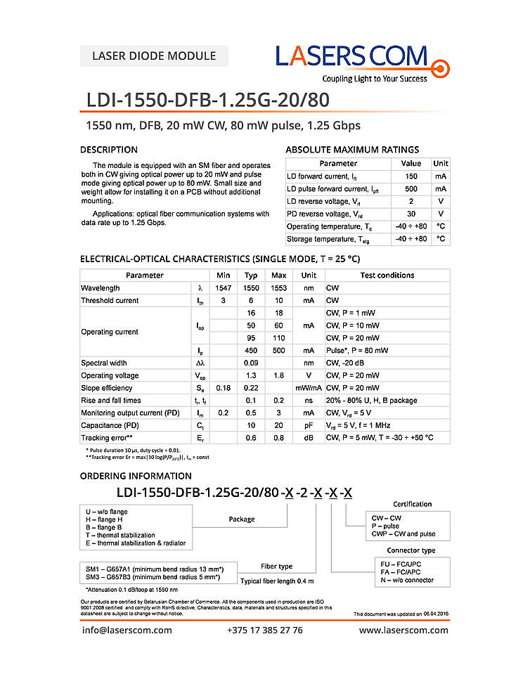 1550nm Laser Diode, DFB, 20mW