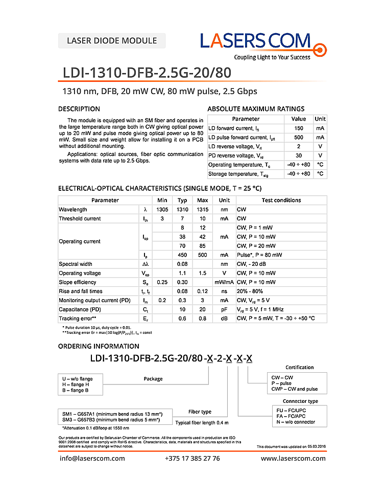 1310nm Laser Diode, 20mW, DFB 2.5G