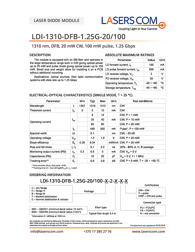 1310nm Laser Diode, 20mW, DFB