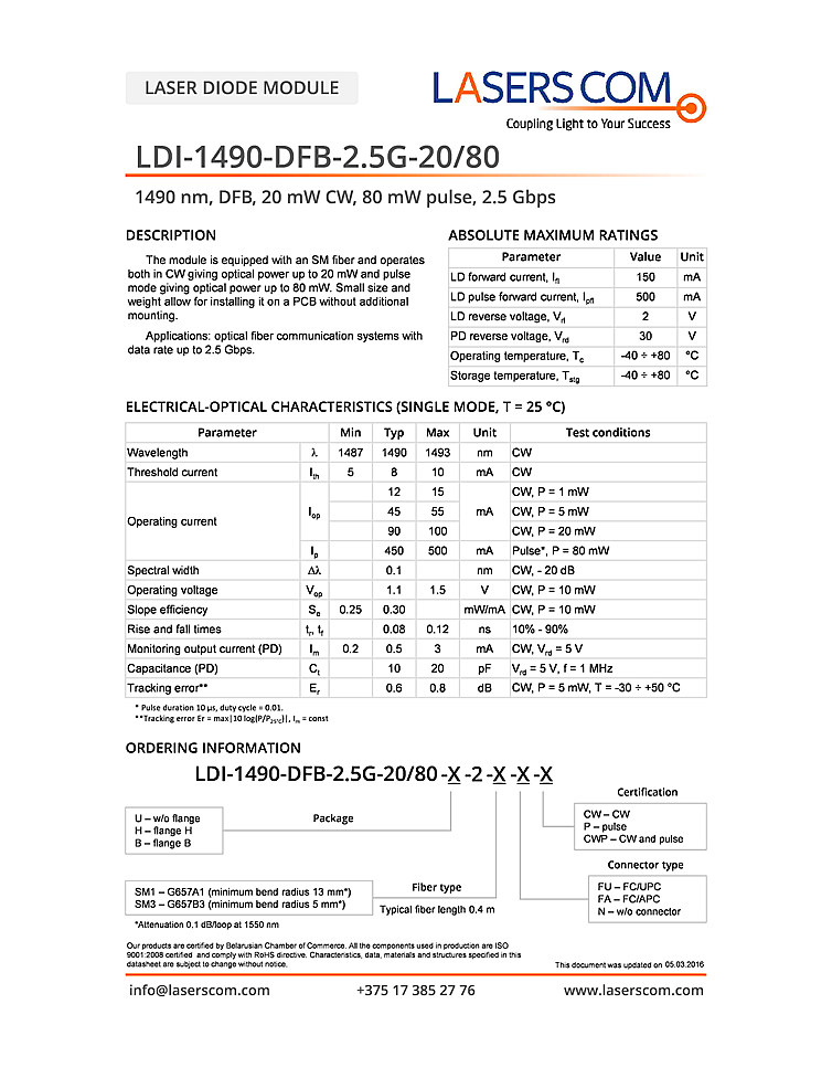 1490nm Laser Diode, 20mW, DFB