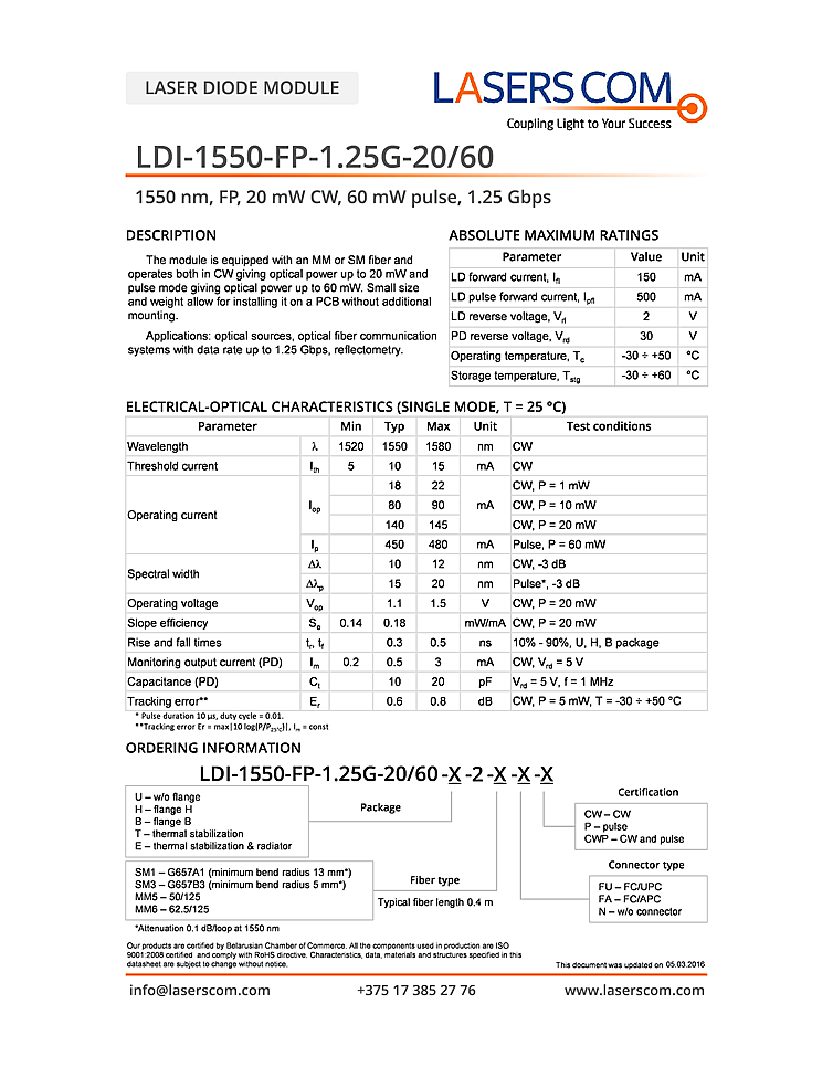 1550nm, 20mW, Fabry-Perot