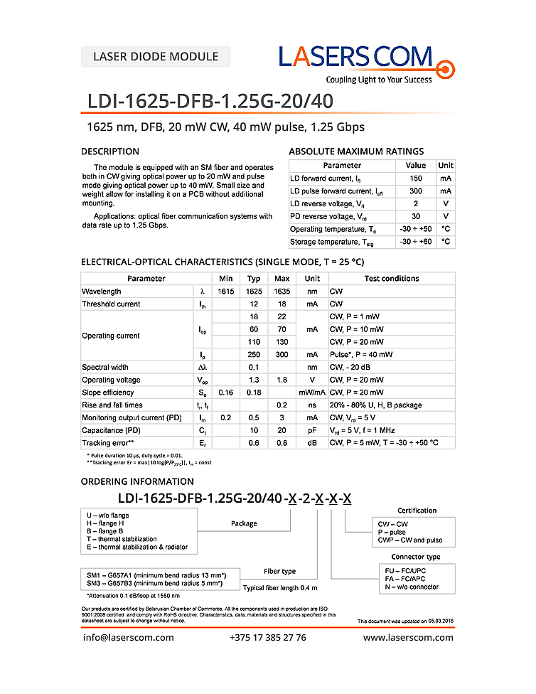 1625nm Laser Diodes, 20mW, DFB