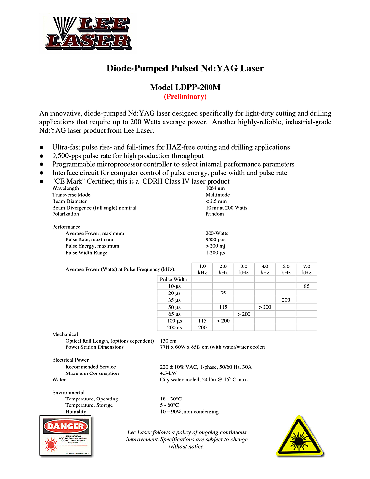 Nd:YAG Laser, CW, 1064nm, 200W