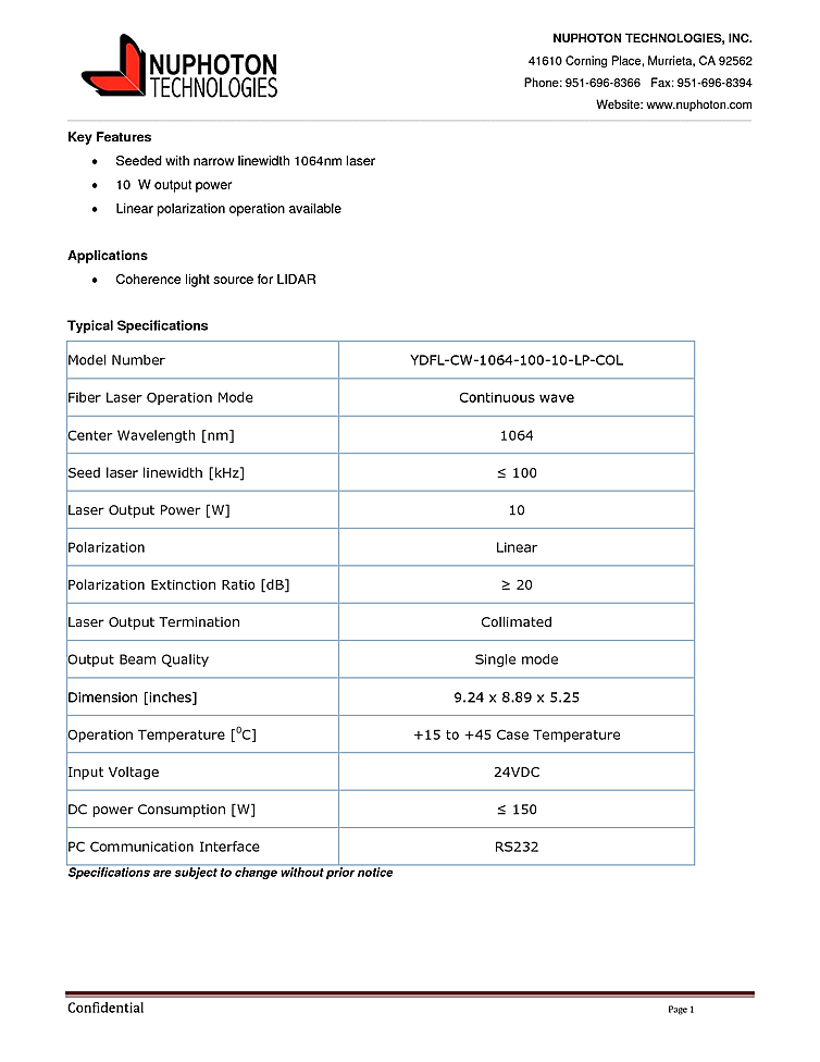 CW Fiber Laser, 1064nm, 10W