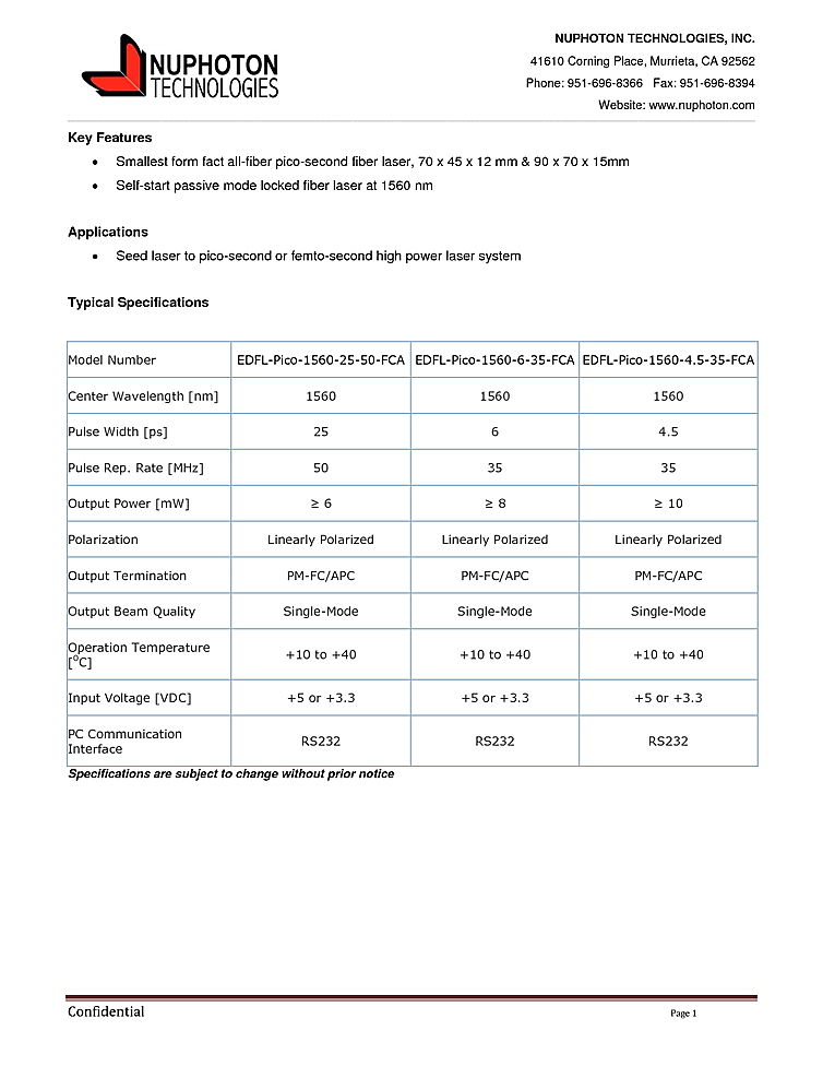 1560nm Picosecond Fiber Laser