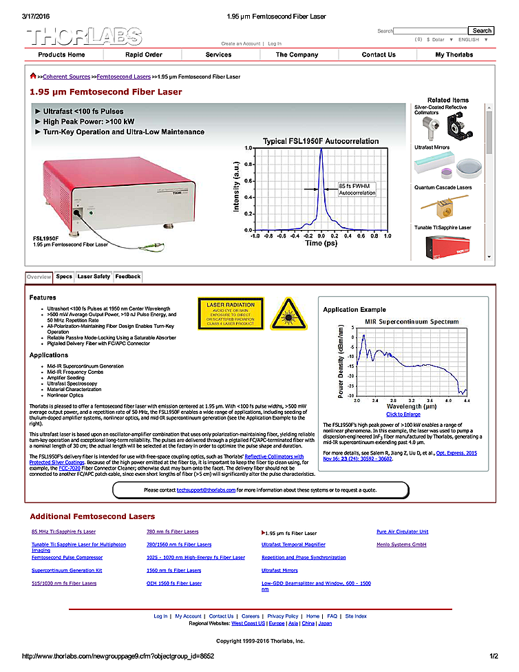 Fiber Laser, Femtosecond, 1950nm, 10nJ