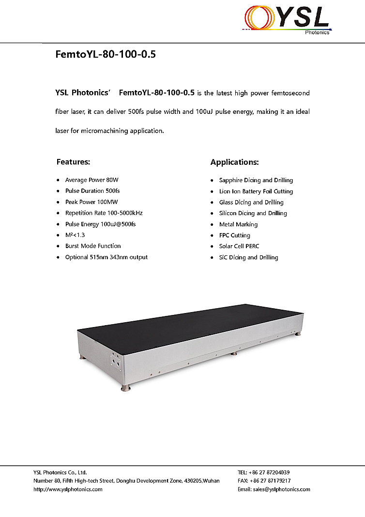 1030 nm Femtosecond Fiber Laser, 80 Watt