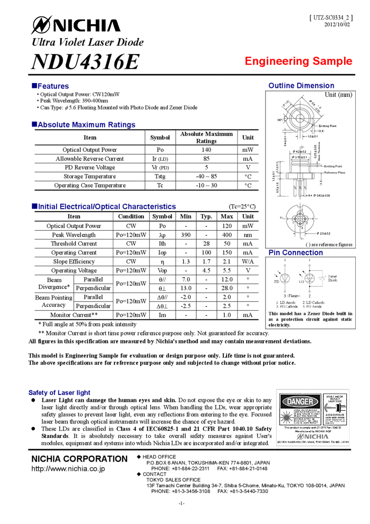 390nm-400nm Laser Diodes 120mW