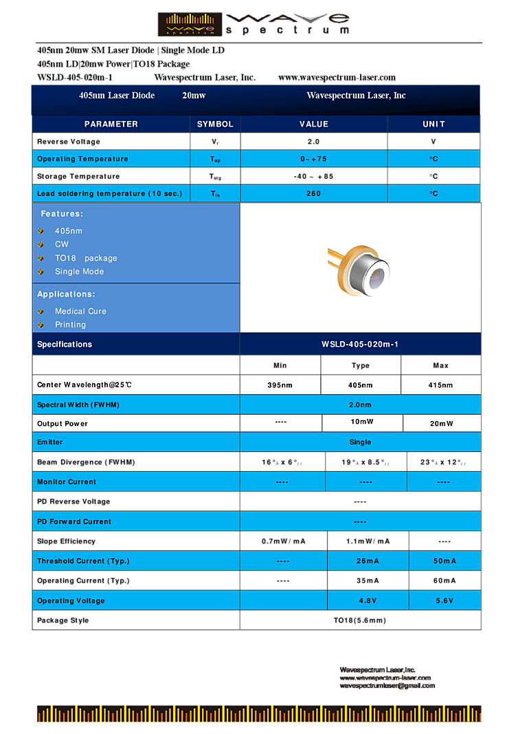 405nm 20mW Diode Laser | TO-can