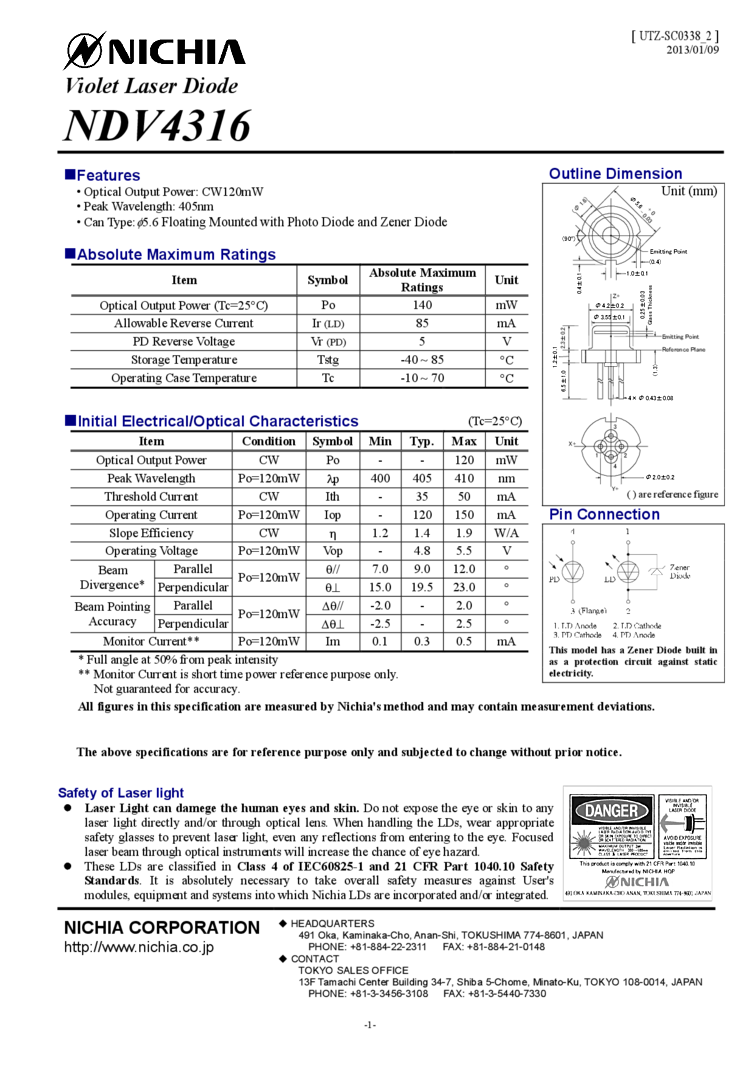 405nm Laser Diode, Single Mode