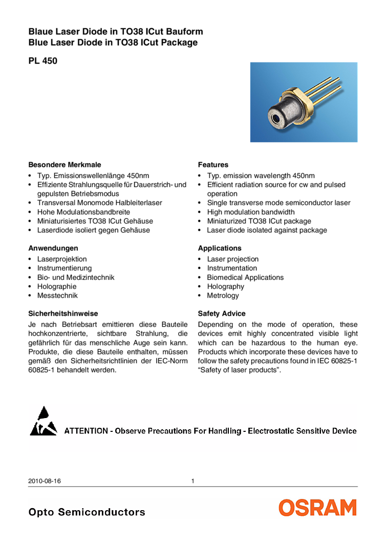 450nm Laser Diode | 80mW | TO38