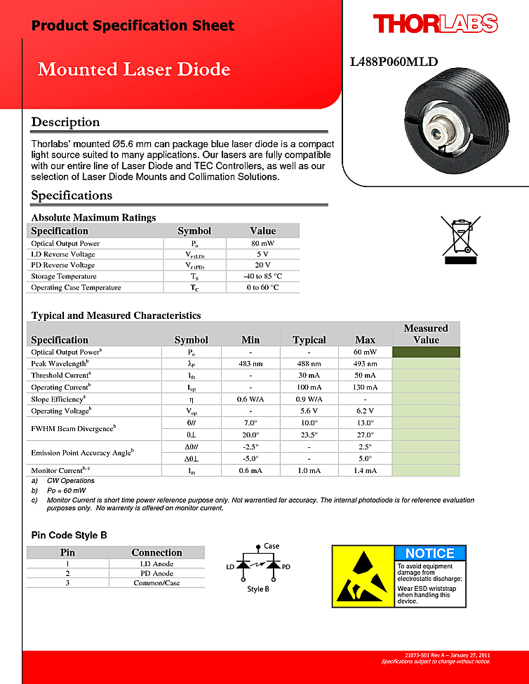 488nm Laser Diode | 25mW Coax