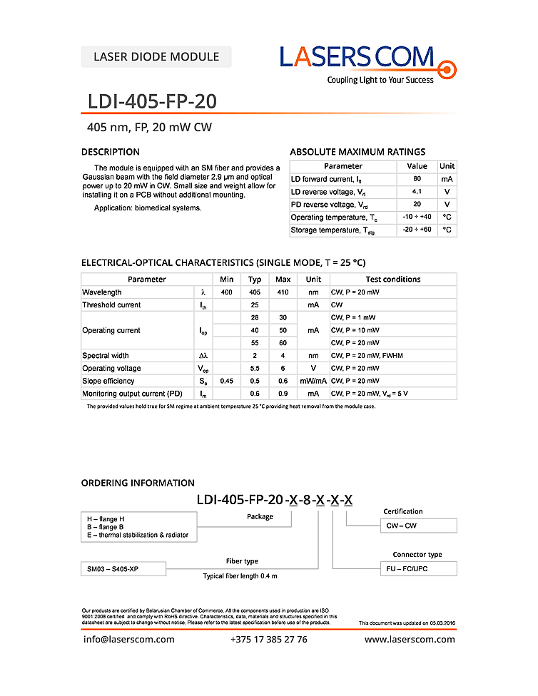 405nm, 20mW, Fabry-Perot