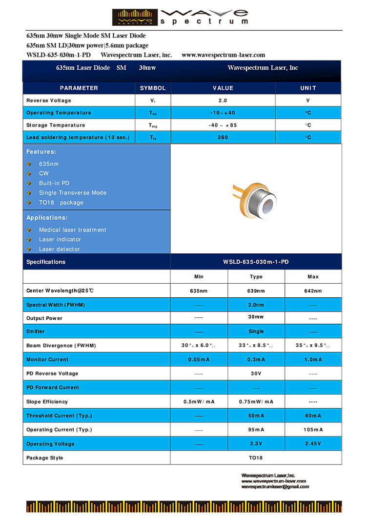 635nm, 30mW Laser Diode, TO-Can