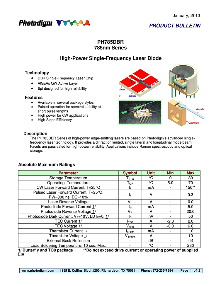 785nm, 180mW DBR Laser Diode