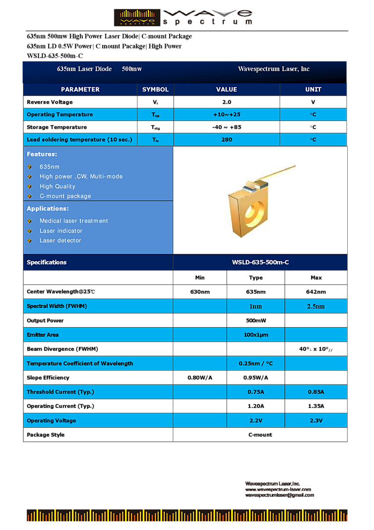 635nm, 500mW, C-Mount