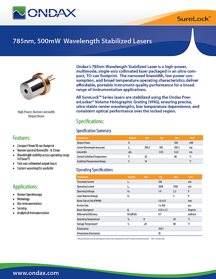 785nm, 500mW, Wavelength Stabilized