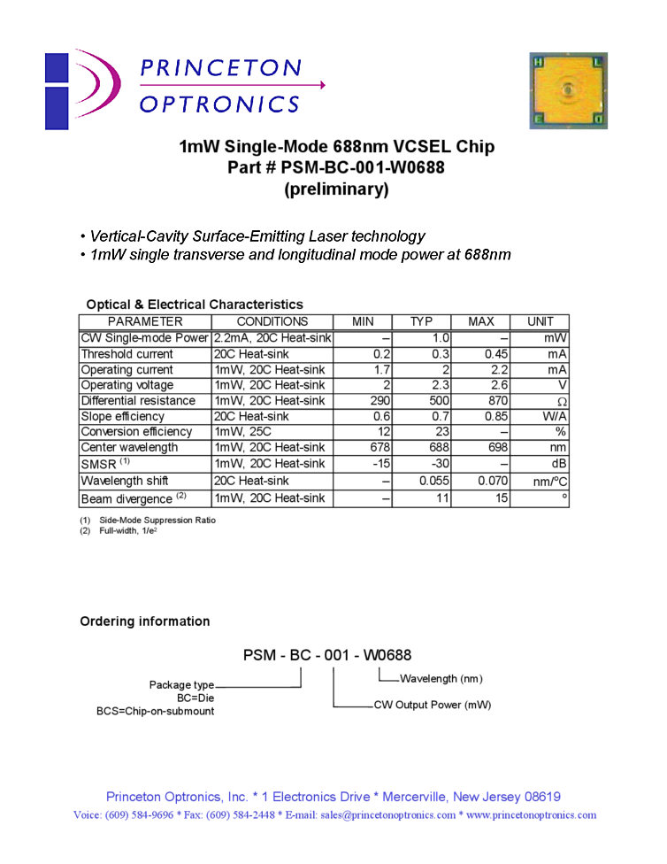 VCSEL 688nm, 1mW