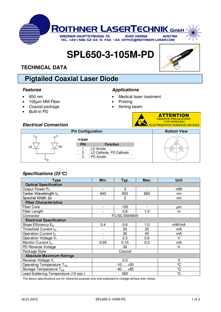 650nm, 3mW, coaxial package