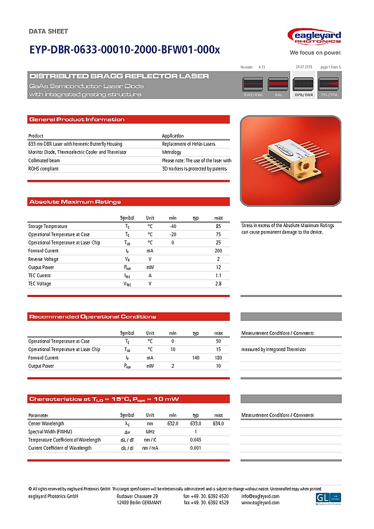 633nm Laser Diode, 10mW DBR