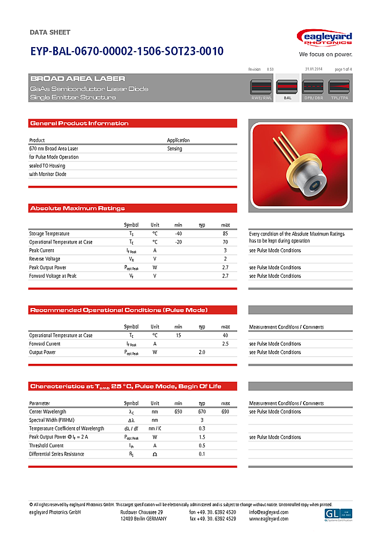 670nm Laser Diode, 1500mW