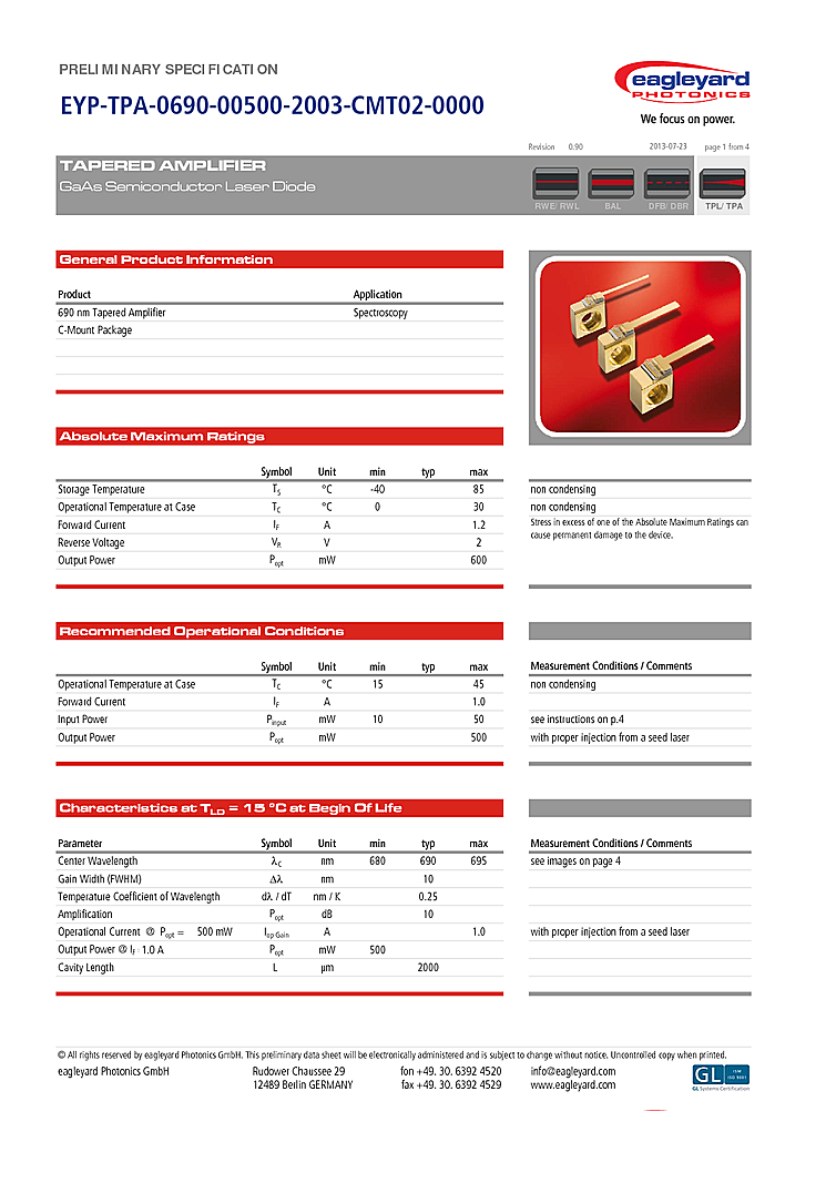 690nm 500mW Tapered Amplifier